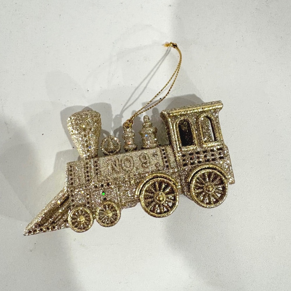 Gold Glitter Steam Engine Train Christmas Ornament No. 9 Locomotive Holiday